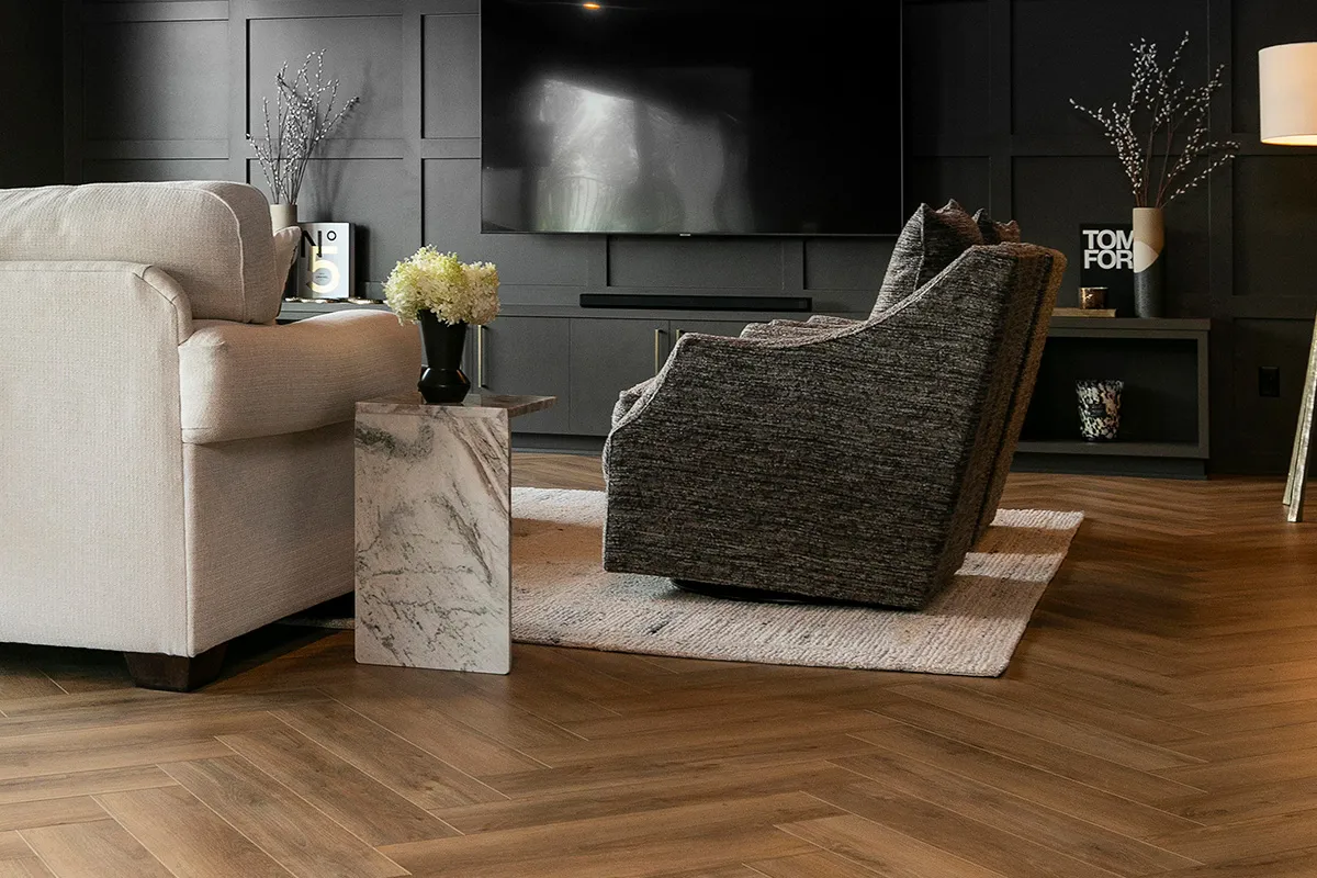 Grey chair with area rug 